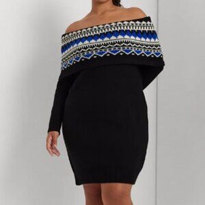 NEW Lauren Ralph Lauren Women's 2X Plus Off-The-Shoulder Fair Black Wool Dress